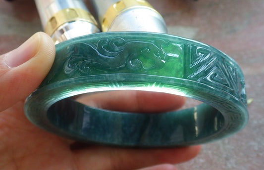 Certified Icy Green Burma 100% Natural A JADE Jadeite Dragon Phoenix Longevity Bangle Bracelet 64 mm 手镯 643994  TN
