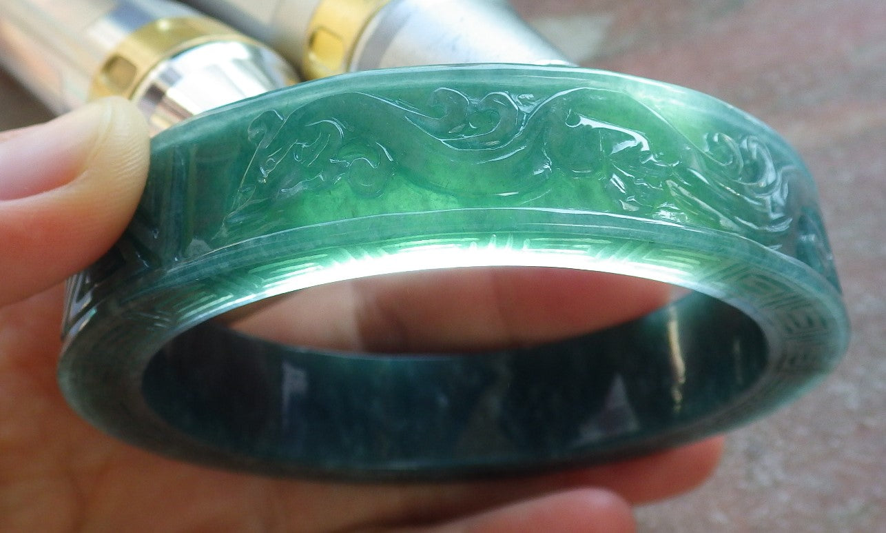 Certified Icy Green Burma 100% Natural A JADE Jadeite Dragon Phoenix Longevity Bangle Bracelet 64 mm 手镯 643994  TN