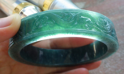 Certified Icy Green Burma 100% Natural A JADE Jadeite Dragon Phoenix Longevity Bangle Bracelet 64 mm 手镯 643994  TN