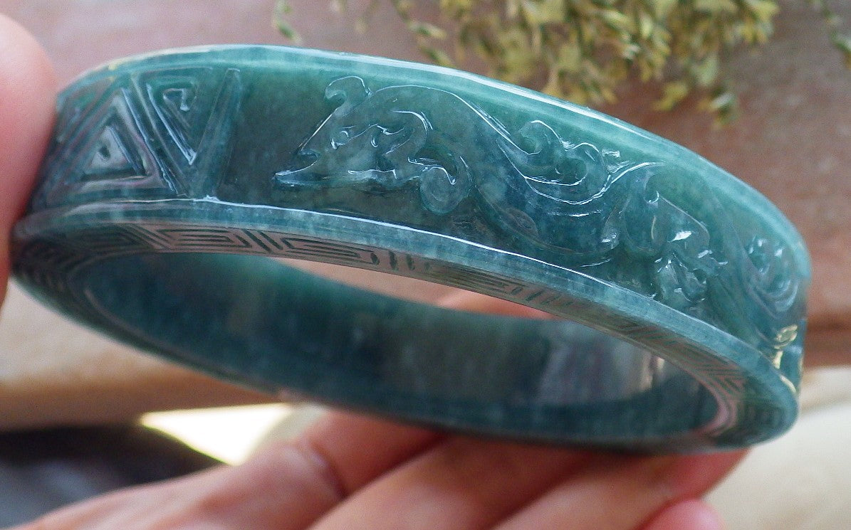 Certified Icy Green Burma 100% Natural A JADE Jadeite Dragon Phoenix Longevity Bangle Bracelet 64 mm 手镯 643994  TN