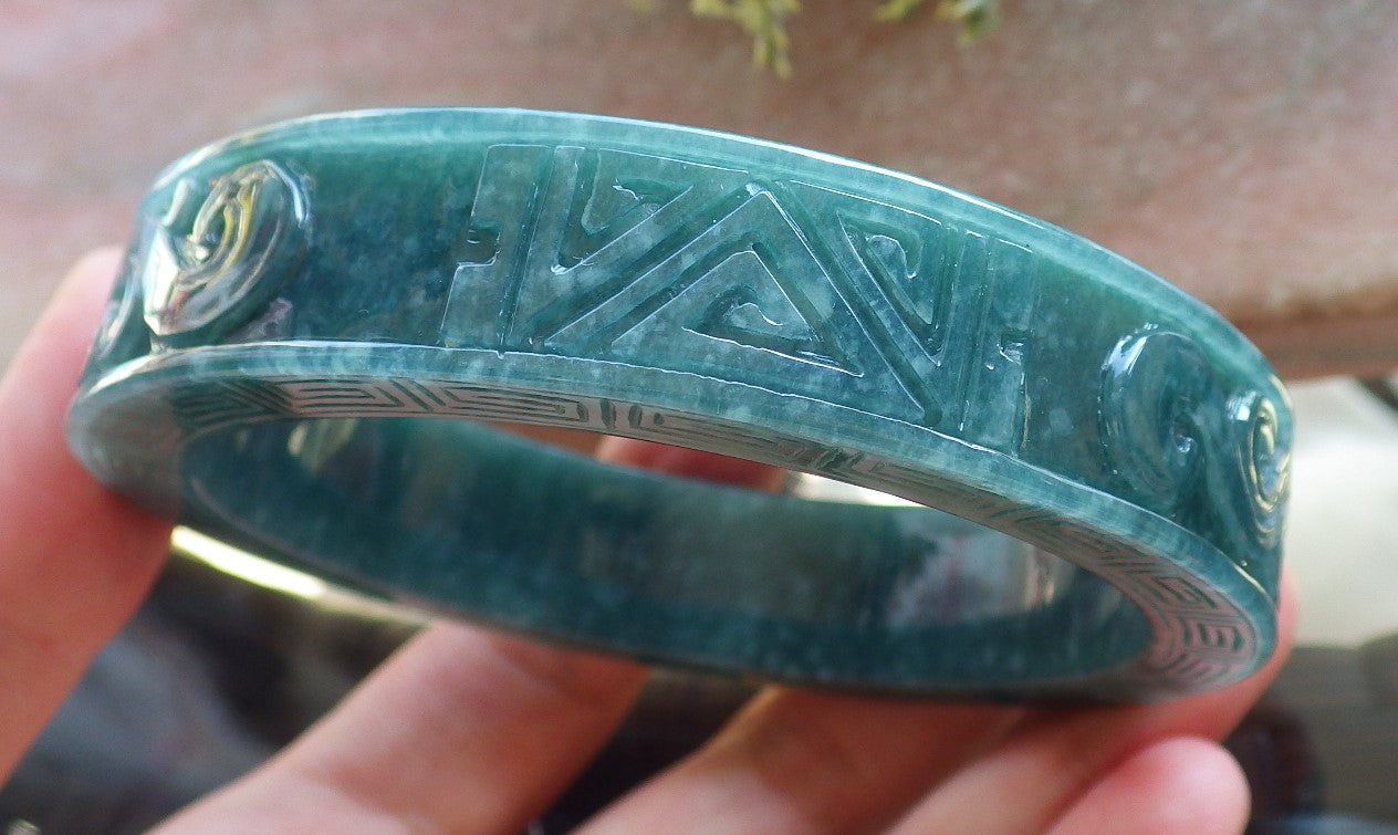 Certified Icy Green Burma 100% Natural A JADE Jadeite Dragon Phoenix Longevity Bangle Bracelet 64 mm 手镯 643994  TN