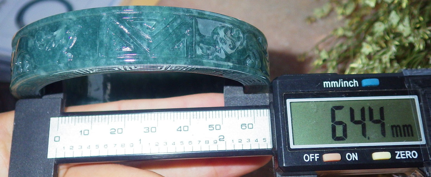 Certified Icy Green Burma 100% Natural A JADE Jadeite Dragon Phoenix Longevity Bangle Bracelet 64 mm 手镯 643994  TN