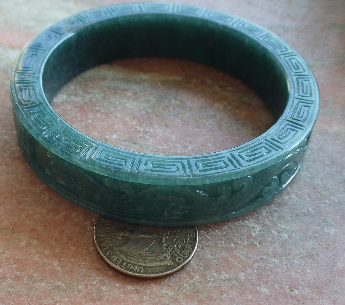 Certified Icy Green Burma 100% Natural A JADE Jadeite Dragon Phoenix Longevity Bangle Bracelet 64 mm 手镯 643994  TN