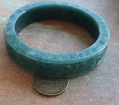Certified Icy Green Burma 100% Natural A JADE Jadeite Dragon Phoenix Longevity Bangle Bracelet 64 mm 手镯 643994  TN