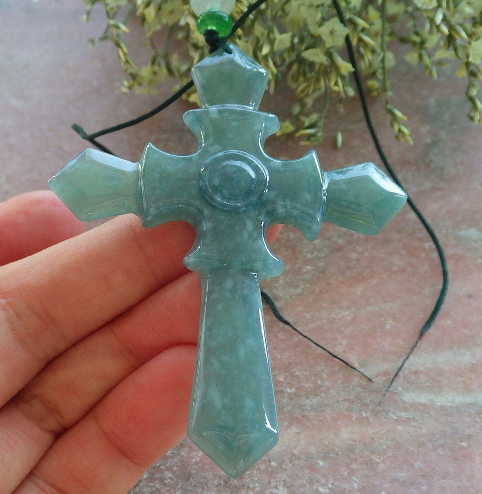 Certified Icy Green Burma 100% Natural A Jade jadeite Pendant Jesus Cross Necklace 十字架 644032  TN