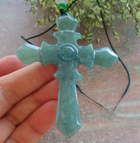 Certified Icy Green Burma 100% Natural A Jade jadeite Pendant Jesus Cross Necklace 十字架 644032  TN