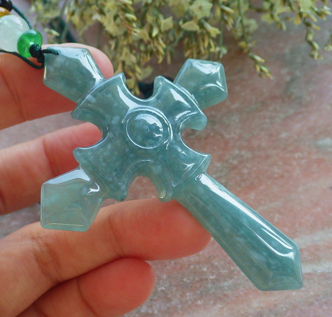 Certified Icy Green Burma 100% Natural A Jade jadeite Pendant Jesus Cross Necklace 十字架 644032  TN