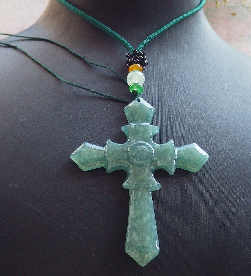 Certified Icy Green Burma 100% Natural A Jade jadeite Pendant Jesus Cross Necklace 十字架 644032  TN