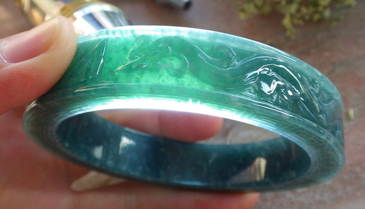 Certified Icy Green Burma 100% Natural A JADE Jadeite Dragon Phoenix Longevity Bangle Bracelet 65 mm 手镯 644110  TN