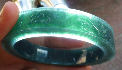 Certified Icy Green Burma 100% Natural A JADE Jadeite Dragon Phoenix Longevity Bangle Bracelet 65 mm 手镯 644110  TN