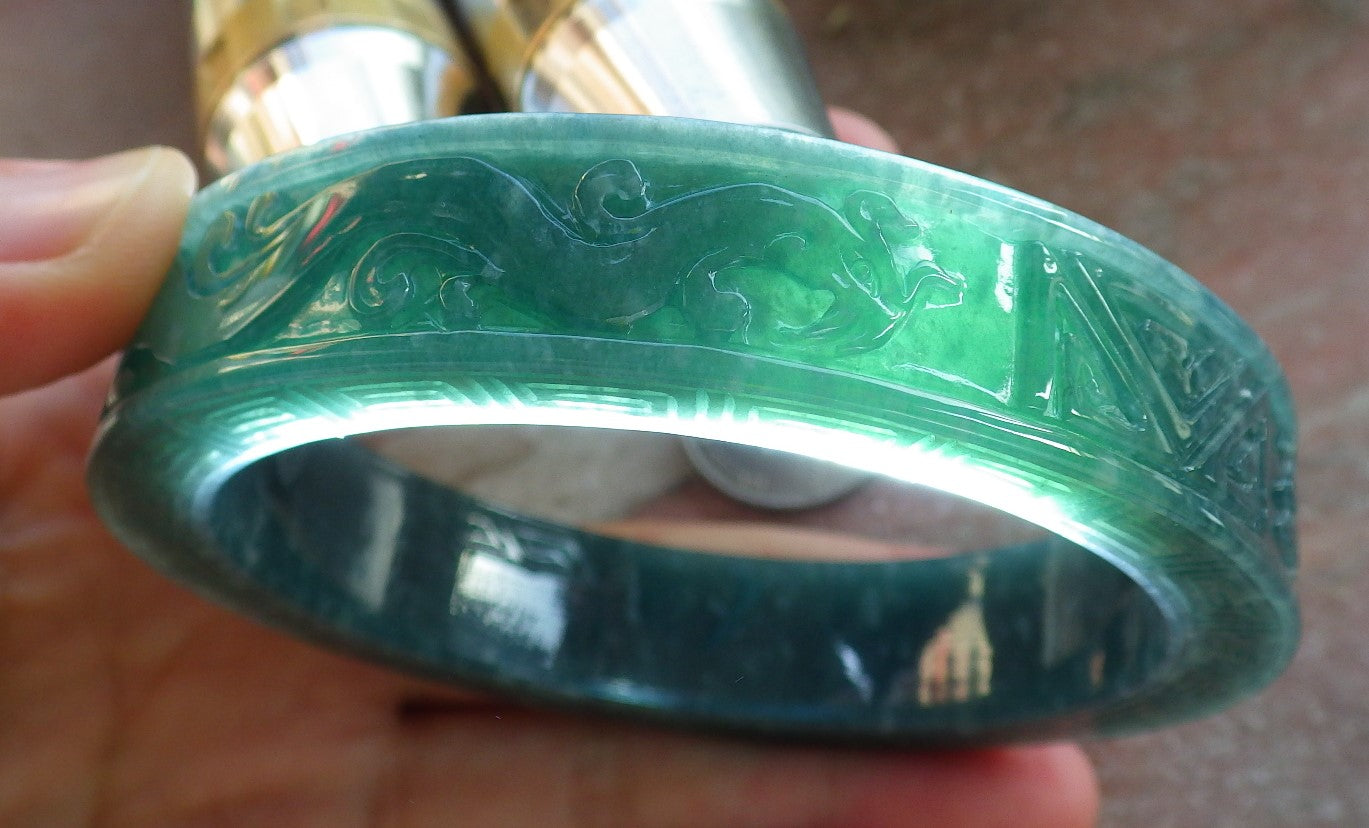 Certified Icy Green Burma 100% Natural A JADE Jadeite Dragon Phoenix Longevity Bangle Bracelet 65 mm 手镯 644110  TN