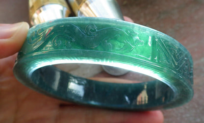 Certified Icy Green Burma 100% Natural A JADE Jadeite Dragon Phoenix Longevity Bangle Bracelet 65 mm 手镯 644110  TN