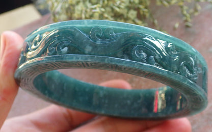 Certified Icy Green Burma 100% Natural A JADE Jadeite Dragon Phoenix Longevity Bangle Bracelet 65 mm 手镯 644110  TN