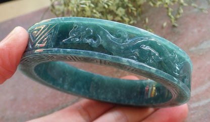 Certified Icy Green Burma 100% Natural A JADE Jadeite Dragon Phoenix Longevity Bangle Bracelet 65 mm 手镯 644110  TN