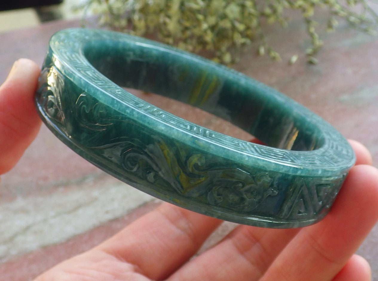 Certified Icy Green Burma 100% Natural A JADE Jadeite Dragon Phoenix Longevity Bangle Bracelet 65 mm 手镯 644110  TN