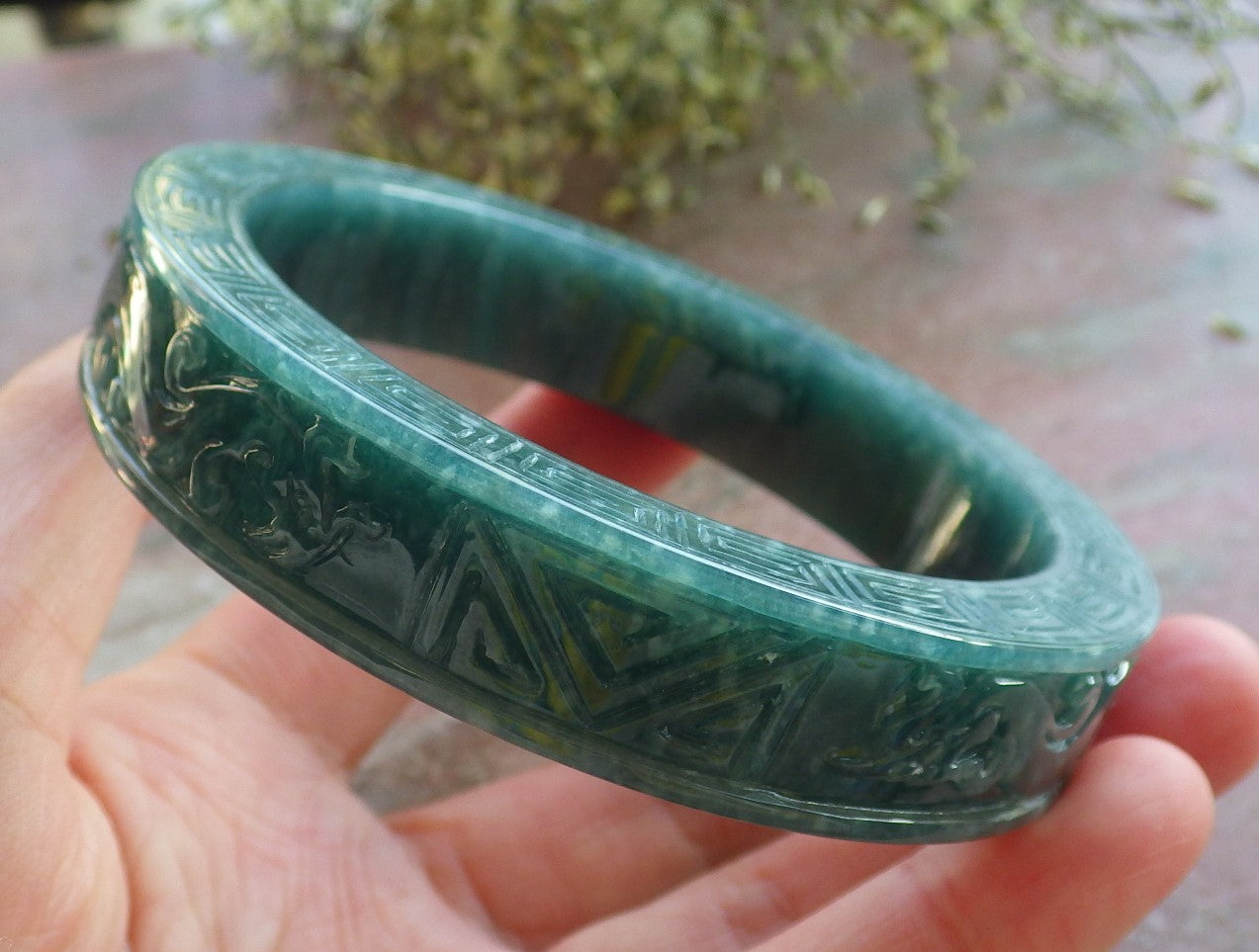 Certified Icy Green Burma 100% Natural A JADE Jadeite Dragon Phoenix Longevity Bangle Bracelet 65 mm 手镯 644110  TN