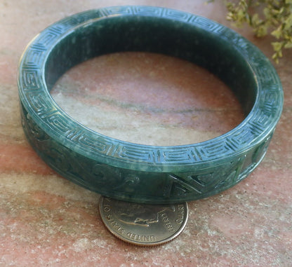 Certified Icy Green Burma 100% Natural A JADE Jadeite Dragon Phoenix Longevity Bangle Bracelet 65 mm 手镯 644110  TN