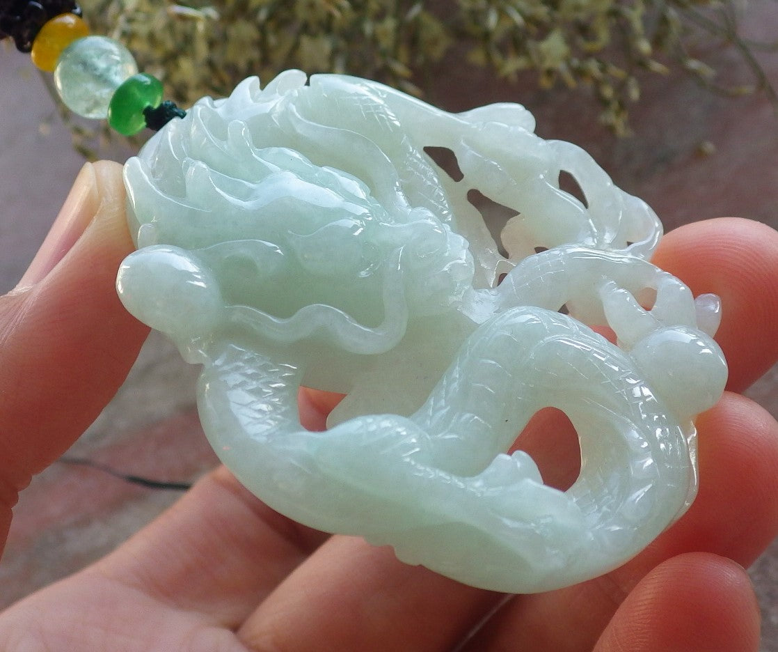 Certified Green Burma 100% Natural A Jade jadeite Pendant Dragon Money Coin Necklace 生意兴隆 644138  TN