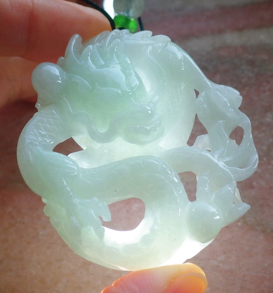 Certified Green Burma 100% Natural A Jade jadeite Pendant Dragon Money Coin Necklace 生意兴隆 644138  TN