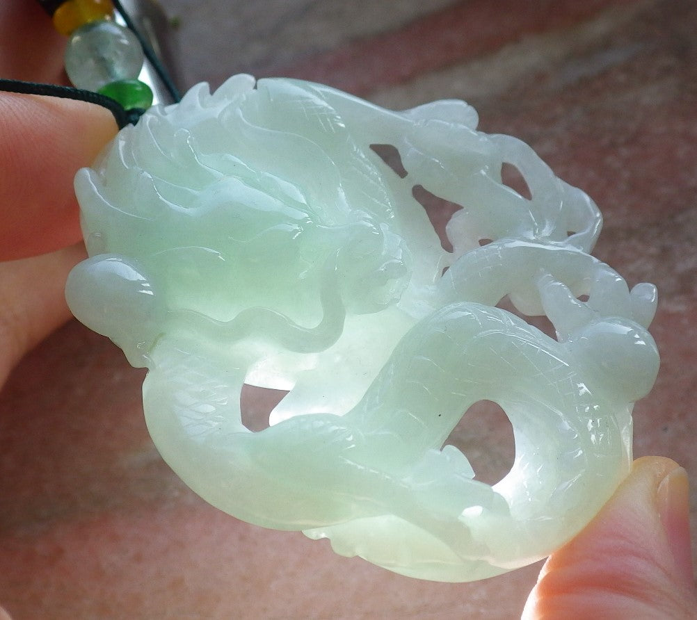Certified Green Burma 100% Natural A Jade jadeite Pendant Dragon Money Coin Necklace 生意兴隆 644138  TN