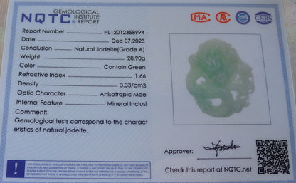 Certified Green Burma 100% Natural A Jade jadeite Pendant Dragon Money Coin Necklace 生意兴隆 644138  TN