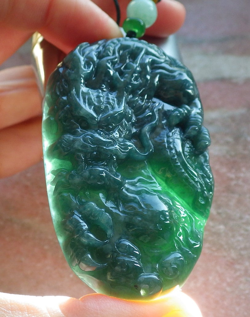 Certified Green Burma 100% Natural A Jade jadeite Pendant Dragon Necklace 生意兴隆 644147  TN