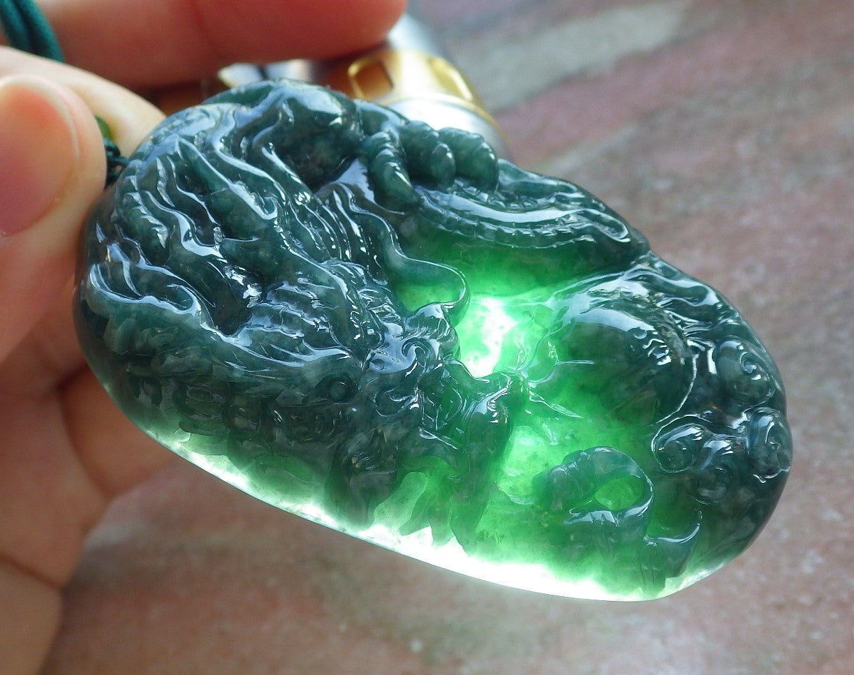 Certified Green Burma 100% Natural A Jade jadeite Pendant Dragon Necklace 生意兴隆 644147  TN