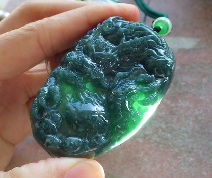Certified Green Burma 100% Natural A Jade jadeite Pendant Dragon Necklace 生意兴隆 644147  TN