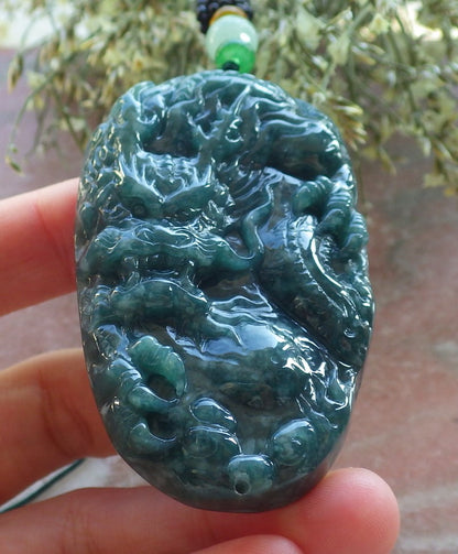 Certified Green Burma 100% Natural A Jade jadeite Pendant Dragon Necklace 生意兴隆 644147  TN