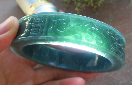 Certified Icy Green Burma 100% Natural A JADE Jadeite Dragon Phoenix Longevity Bangle Bracelet 60.8 mm 手镯 644156  TN