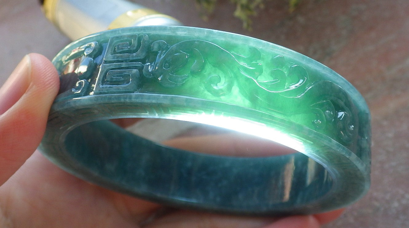 Certified Icy Green Burma 100% Natural A JADE Jadeite Dragon Phoenix Longevity Bangle Bracelet 60.8 mm 手镯 644156  TN