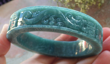 Certified Icy Green Burma 100% Natural A JADE Jadeite Dragon Phoenix Longevity Bangle Bracelet 60.8 mm 手镯 644156  TN