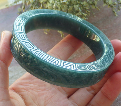 Certified Icy Green Burma 100% Natural A JADE Jadeite Dragon Phoenix Longevity Bangle Bracelet 60.8 mm 手镯 644156  TN