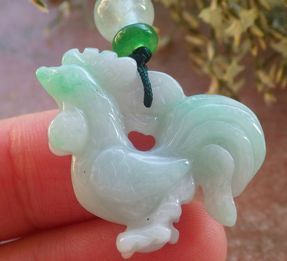 Certified Green Burma 100% Natural A Jade jadeite Pendant Rooster Phoenix Coin Necklace 招财鸡 644182  TN