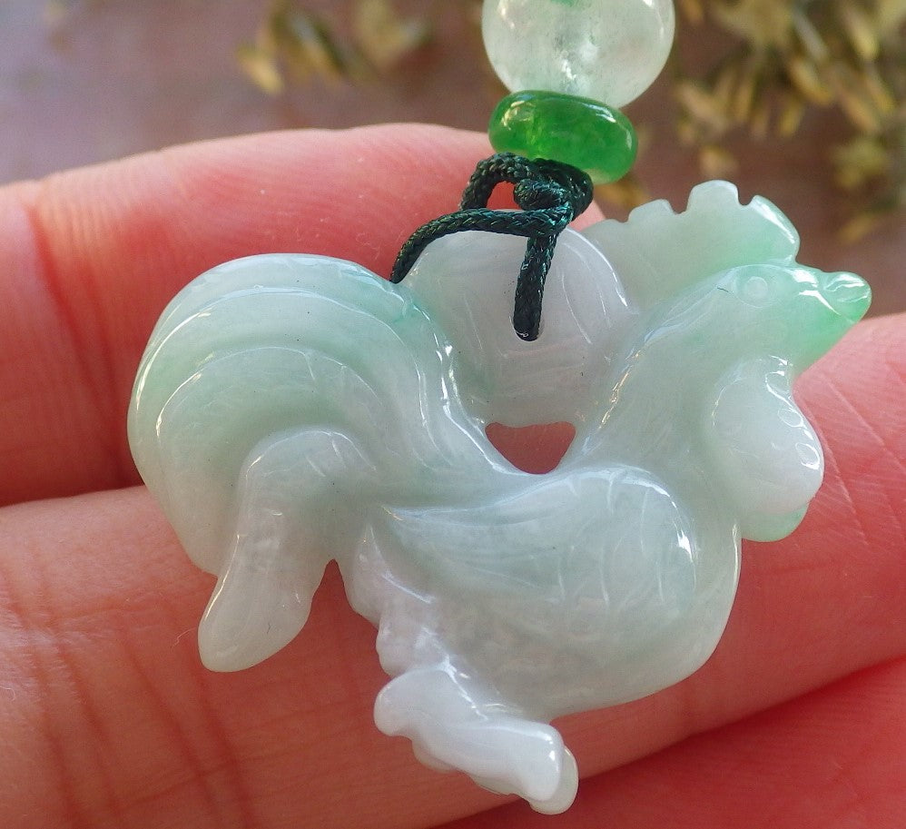 Certified Green Burma 100% Natural A Jade jadeite Pendant Rooster Phoenix Coin Necklace 招财鸡 644182  TN