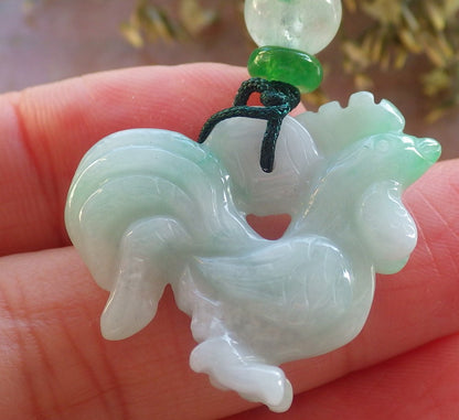 Certified Green Burma 100% Natural A Jade jadeite Pendant Rooster Phoenix Coin Necklace 招财鸡 644182  TN