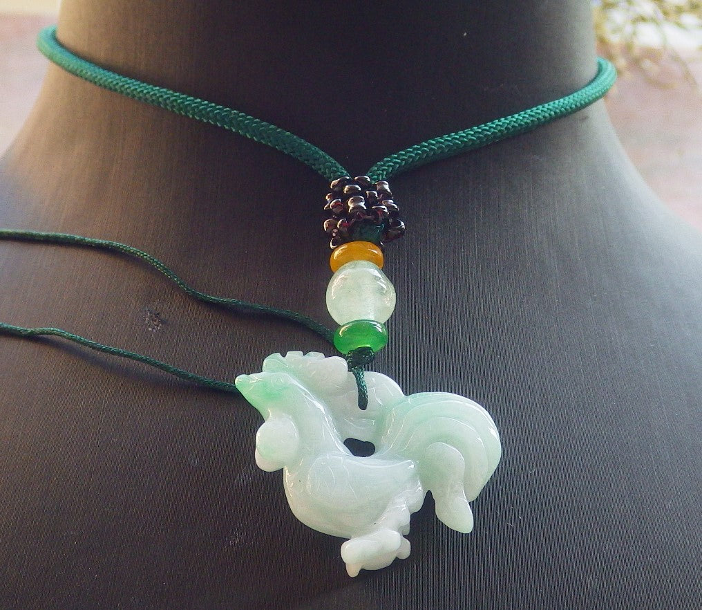 Certified Green Burma 100% Natural A Jade jadeite Pendant Rooster Phoenix Coin Necklace 招财鸡 644182  TN