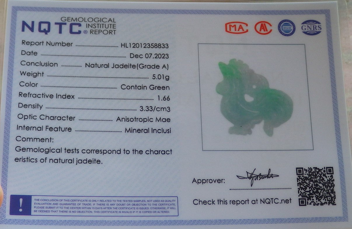 Certified Green Burma 100% Natural A Jade jadeite Pendant Rooster Phoenix Coin Necklace 招财鸡 644182  TN