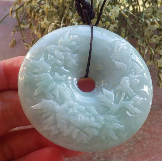 Certified Green Burma 100% Natural A Jade jadeite Pendant Butterfly Flower Circle Necklace 平安扣 644204  TN