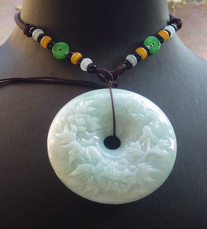 Certified Green Burma 100% Natural A Jade jadeite Pendant Butterfly Flower Circle Necklace 平安扣 644204  TN
