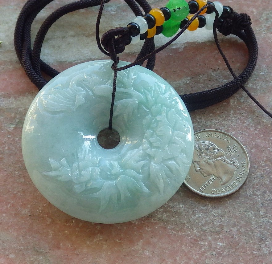 Certified Green Burma 100% Natural A Jade jadeite Pendant Butterfly Flower Circle Necklace 平安扣 644204  TN