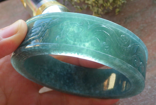 Certified Icy Green Burma 100% Natural A JADE Jadeite Dragon Phoenix Longevity Bangle Bracelet 64 mm 手镯 644211  TN