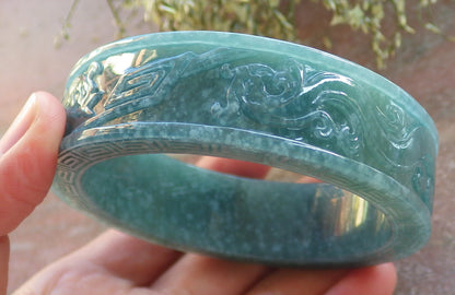Certified Icy Green Burma 100% Natural A JADE Jadeite Dragon Phoenix Longevity Bangle Bracelet 64 mm 手镯 644211  TN