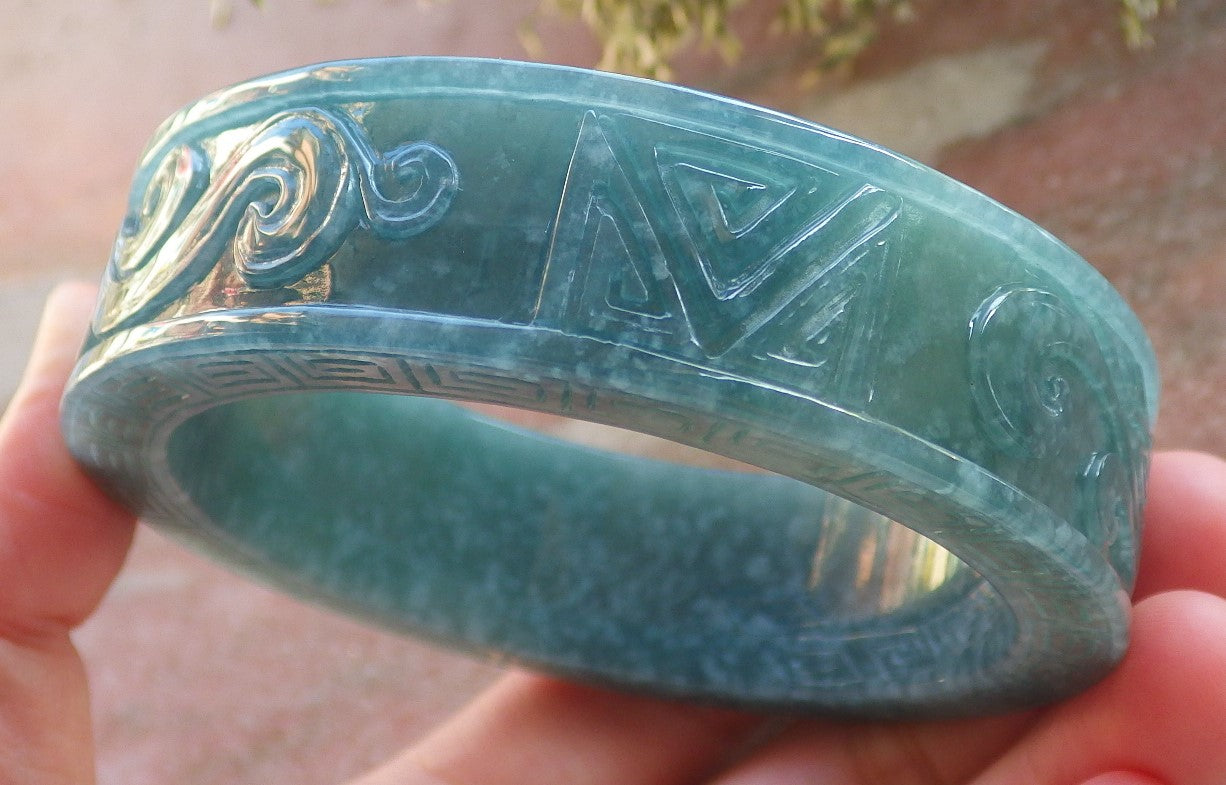 Certified Icy Green Burma 100% Natural A JADE Jadeite Dragon Phoenix Longevity Bangle Bracelet 64 mm 手镯 644211  TN