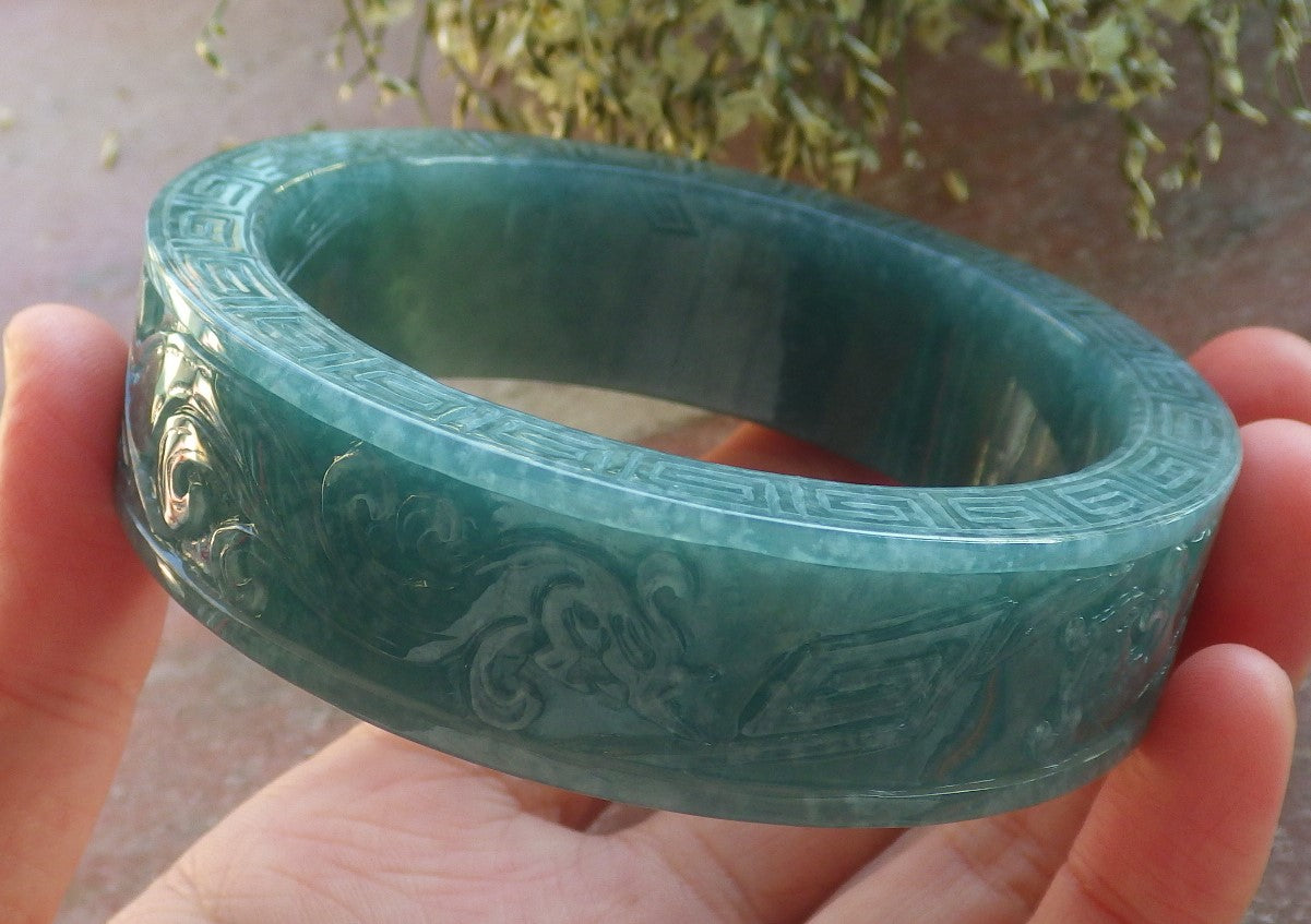 Certified Icy Green Burma 100% Natural A JADE Jadeite Dragon Phoenix Longevity Bangle Bracelet 64 mm 手镯 644211  TN