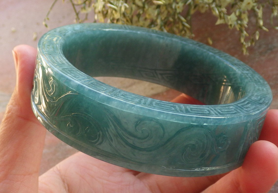 Certified Icy Green Burma 100% Natural A JADE Jadeite Dragon Phoenix Longevity Bangle Bracelet 64 mm 手镯 644211  TN