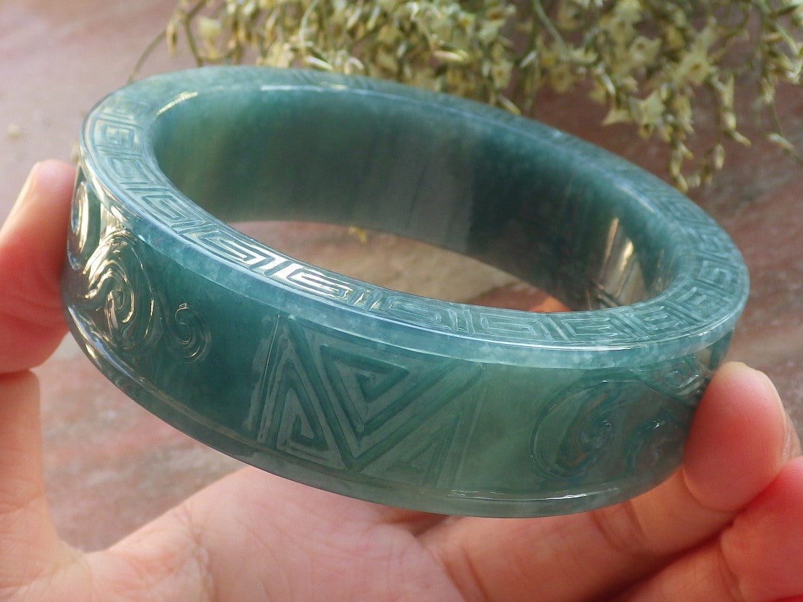 Certified Icy Green Burma 100% Natural A JADE Jadeite Dragon Phoenix Longevity Bangle Bracelet 64 mm 手镯 644211  TN