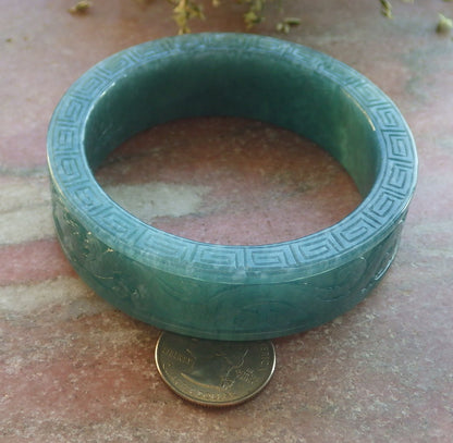 Certified Icy Green Burma 100% Natural A JADE Jadeite Dragon Phoenix Longevity Bangle Bracelet 64 mm 手镯 644211  TN