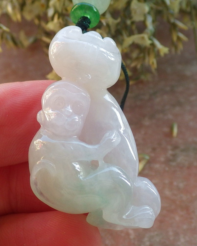 Certified Green Pale Lavender Burma 100% Natural A Jade jadeite Pendant Monkey Ruyi Coin Necklace 猴子 644233  TN