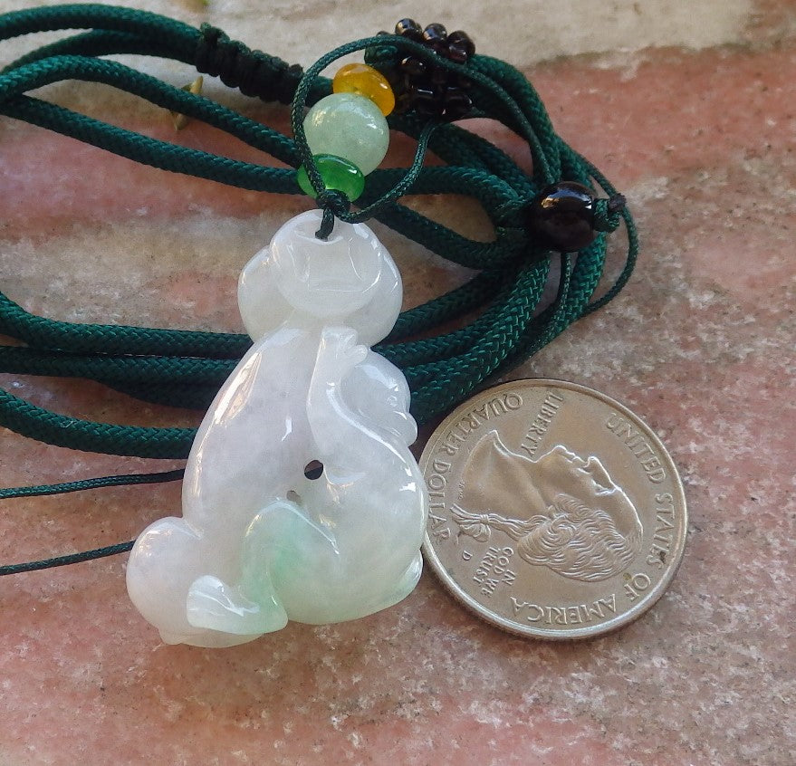 Certified Green Pale Lavender Burma 100% Natural A Jade jadeite Pendant Monkey Ruyi Coin Necklace 猴子 644233  TN